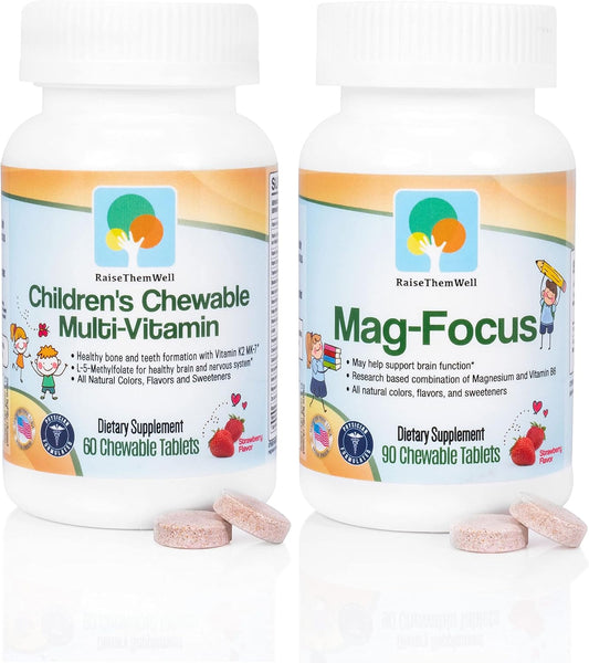 Natural Strawberry Flavored Magnesium & B-6 Kids Focus Supplements Bundle | Chewable Multivitamin for Kids with Magnesium Citrate & Delicious Taste