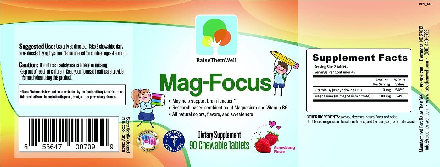 Natural Strawberry Flavored Magnesium & B-6 Kids Focus Supplements Bundle | Chewable Multivitamin for Kids with Magnesium Citrate & Delicious Taste