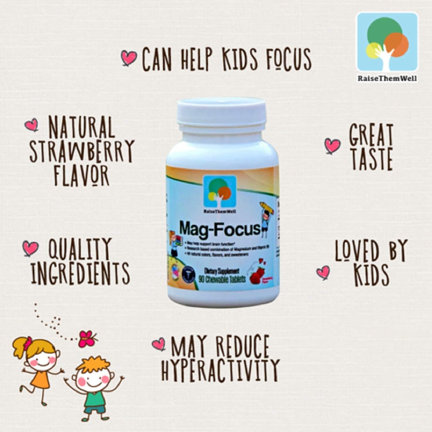 Natural Strawberry Flavored Magnesium Focus Supplement for Kids - 90 Chewable Tablets by Raise Them Well - BoostGo Australia