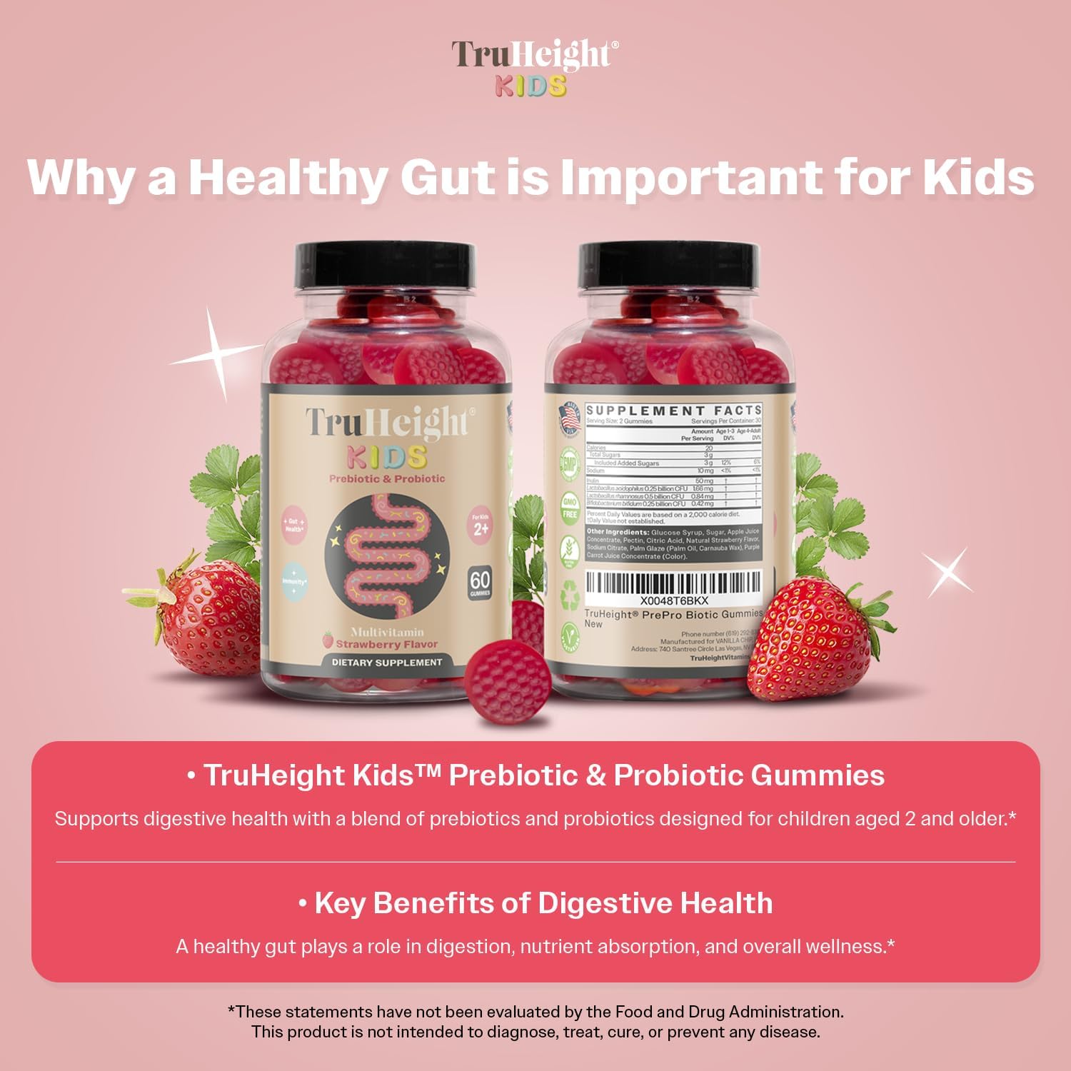 Natural Strawberry Flavored Prebiotic & Probiotic Gummies for Kids 2+, Pediatric Recommended Digestive Health Supplement with Immune Support