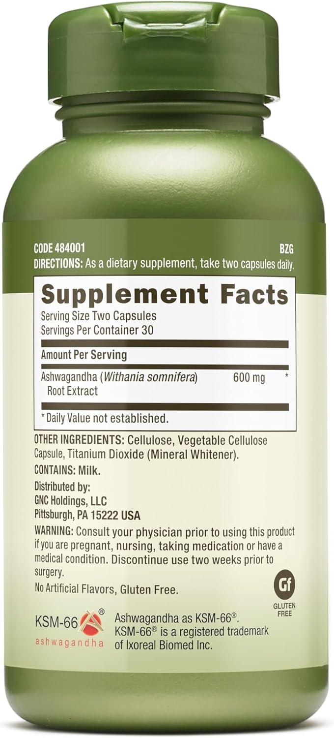 Natural Stress Relief: GNC Herbal Plus Ashwagandha 600mg, 60 Capsules