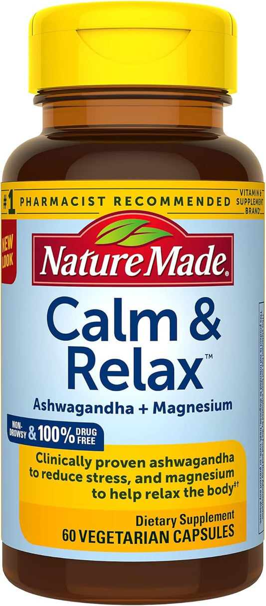 Natural Stress Relief Supplement with 300mg Magnesium and 125mg Ashwagandha - 60 Veggie Capsules