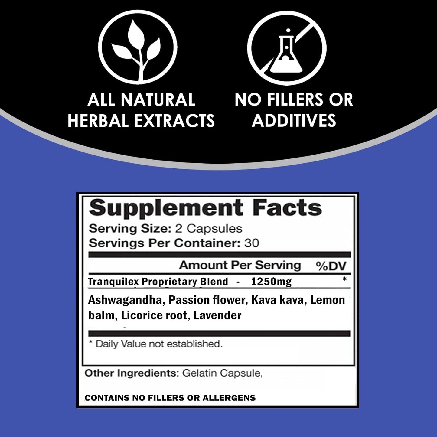 Natural Stress Relief Supplement with Ashwagandha, Passion Flower, Kava Kava, Lemon Balm, Licorice Root, and Lavender - 60 Capsules
