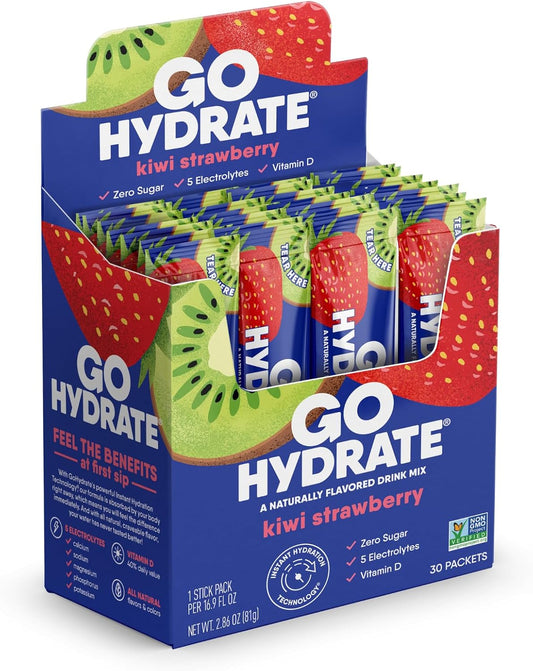 Natural Sugar-Free Electrolyte Drink Mix with Vitamin D - Kiwi Strawberry Flavor, Low Sodium Hydration Powder Packets for Instant Hydration Support (30 Packs)