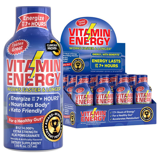 Natural Sugar-Free Vitamin B12 Energy Shots with Acai Pomegranate Flavor - Pack of 12 - Boost Focus and Energy for 7+ Hours