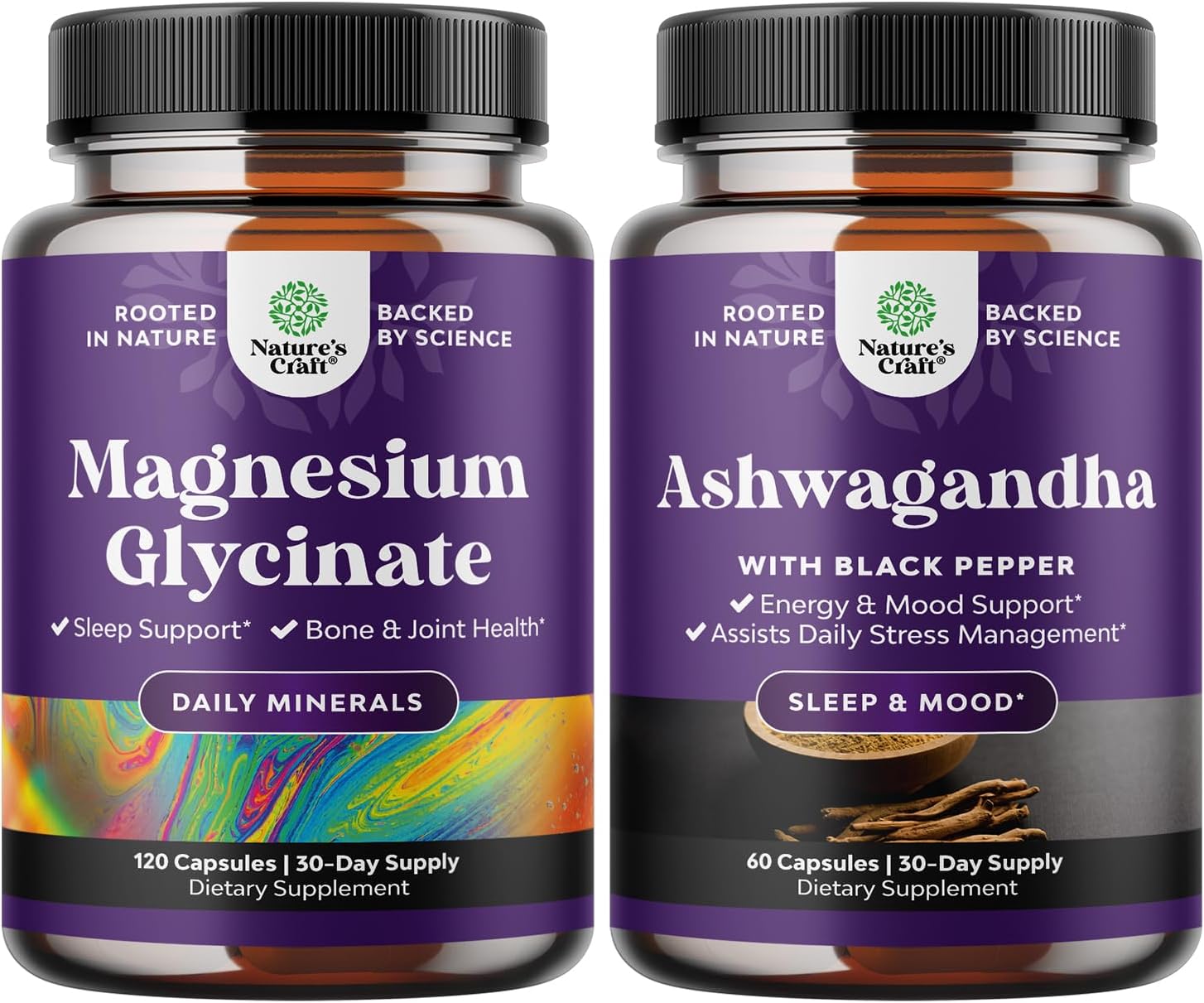 Natural Supplement Bundle: Magnesium Glycinate & Ashwagandha Root Powder Capsules for Sleep, Relaxation, Mood, and Immune Support