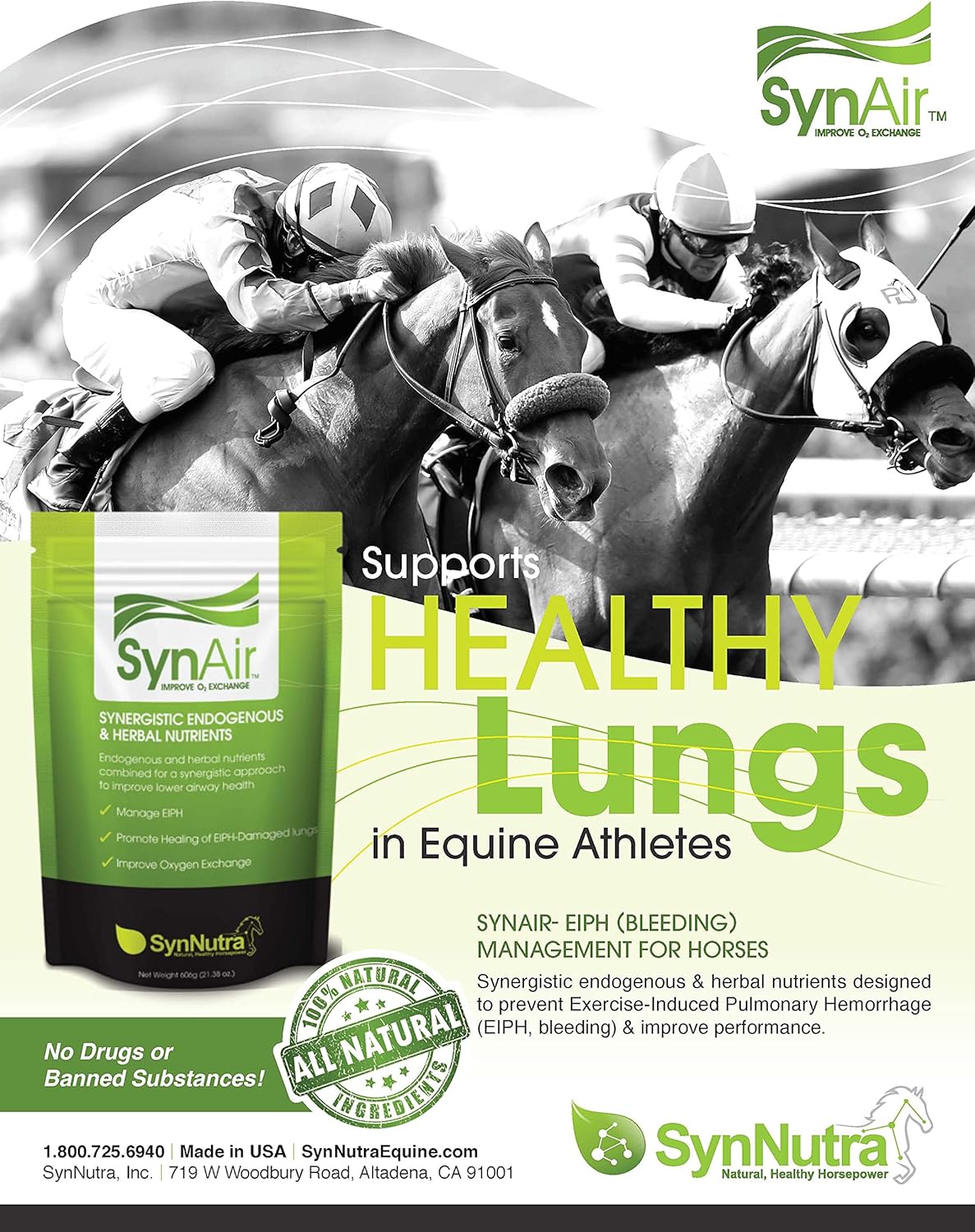 Natural SynNutra Equine SynAir-EIPH Management Supplement for Horses, Promotes Healthy Lungs, Drug-Free, Made in USA