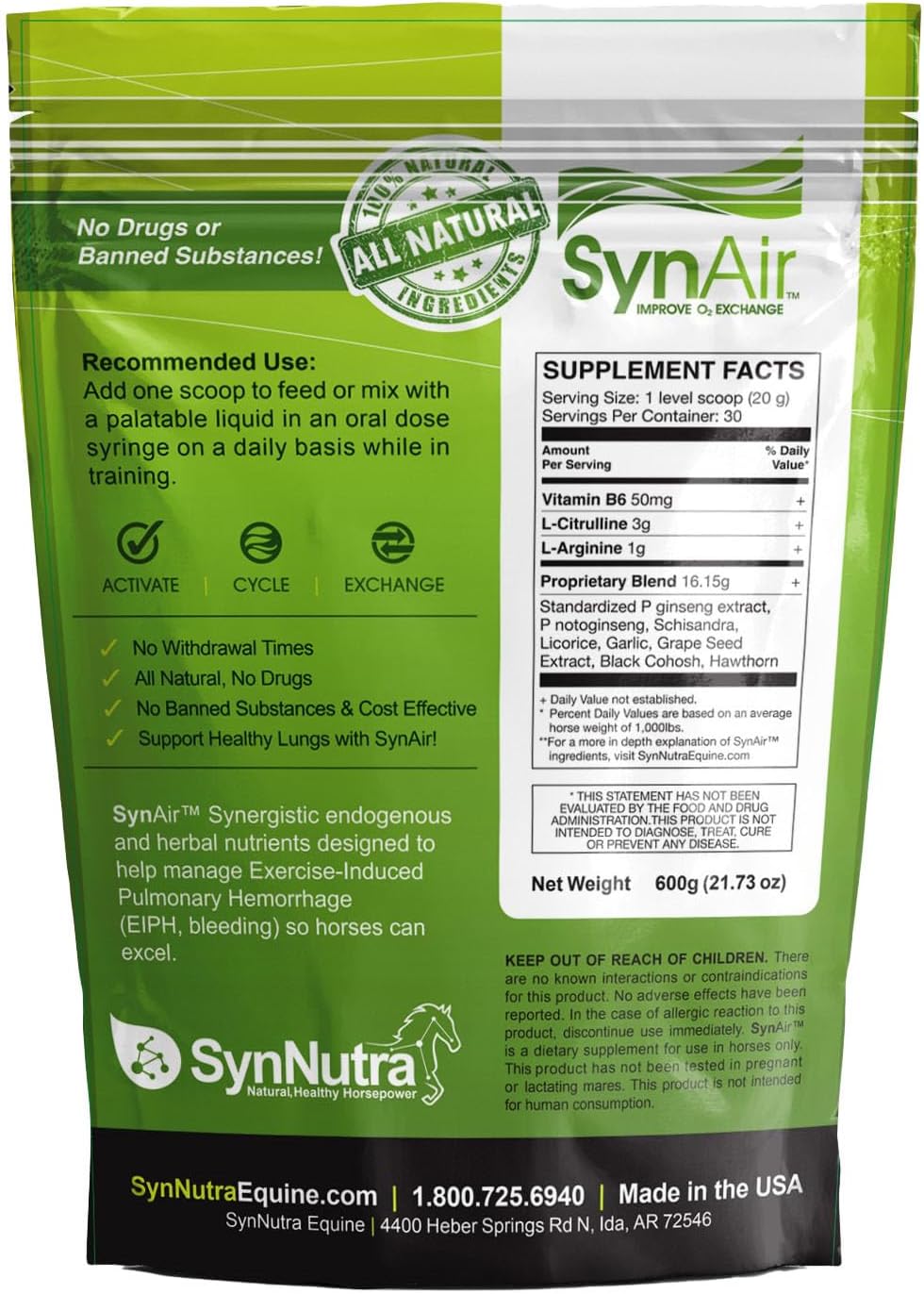 Natural SynNutra Equine SynAir-EIPH Management Supplement for Horses, Promotes Healthy Lungs, Drug-Free, Made in USA