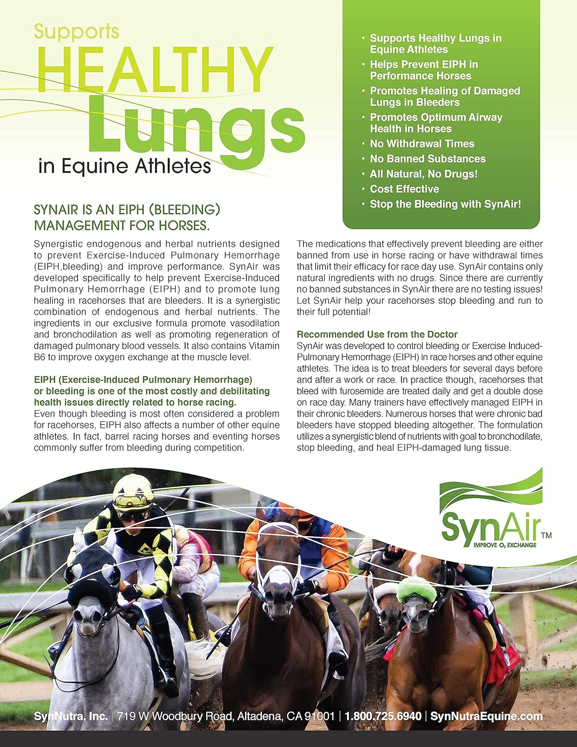 Natural SynNutra Equine SynAir-EIPH Management Supplement for Horses, Promotes Healthy Lungs, Drug-Free, Made in USA