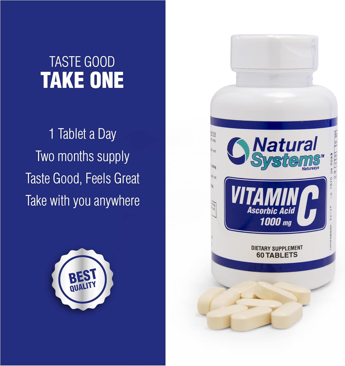 Natural Systems Naturasys Vitamin C 1000mg Tablets - 60 Count - Immune Support Supplement with Ascorbic Acid - Made in USA
