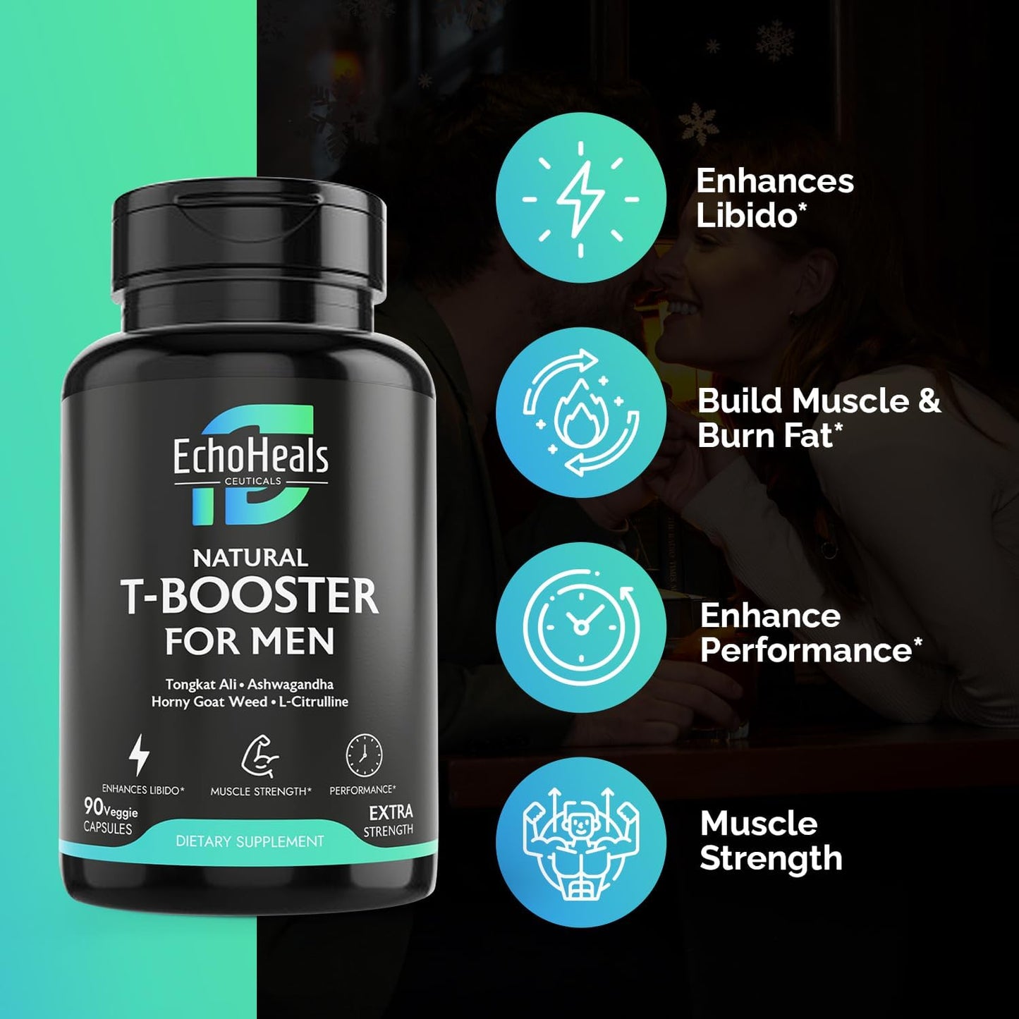 Natural T-Booster for Men - Energy & Vitality Support, 90 Veggie Capsules by EchoHeals CEUTICALS