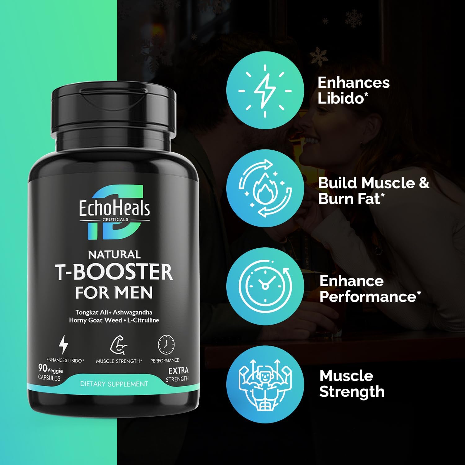 Natural T-Booster for Men - Energy & Vitality Support, 90 Veggie Capsules by EchoHeals CEUTICALS