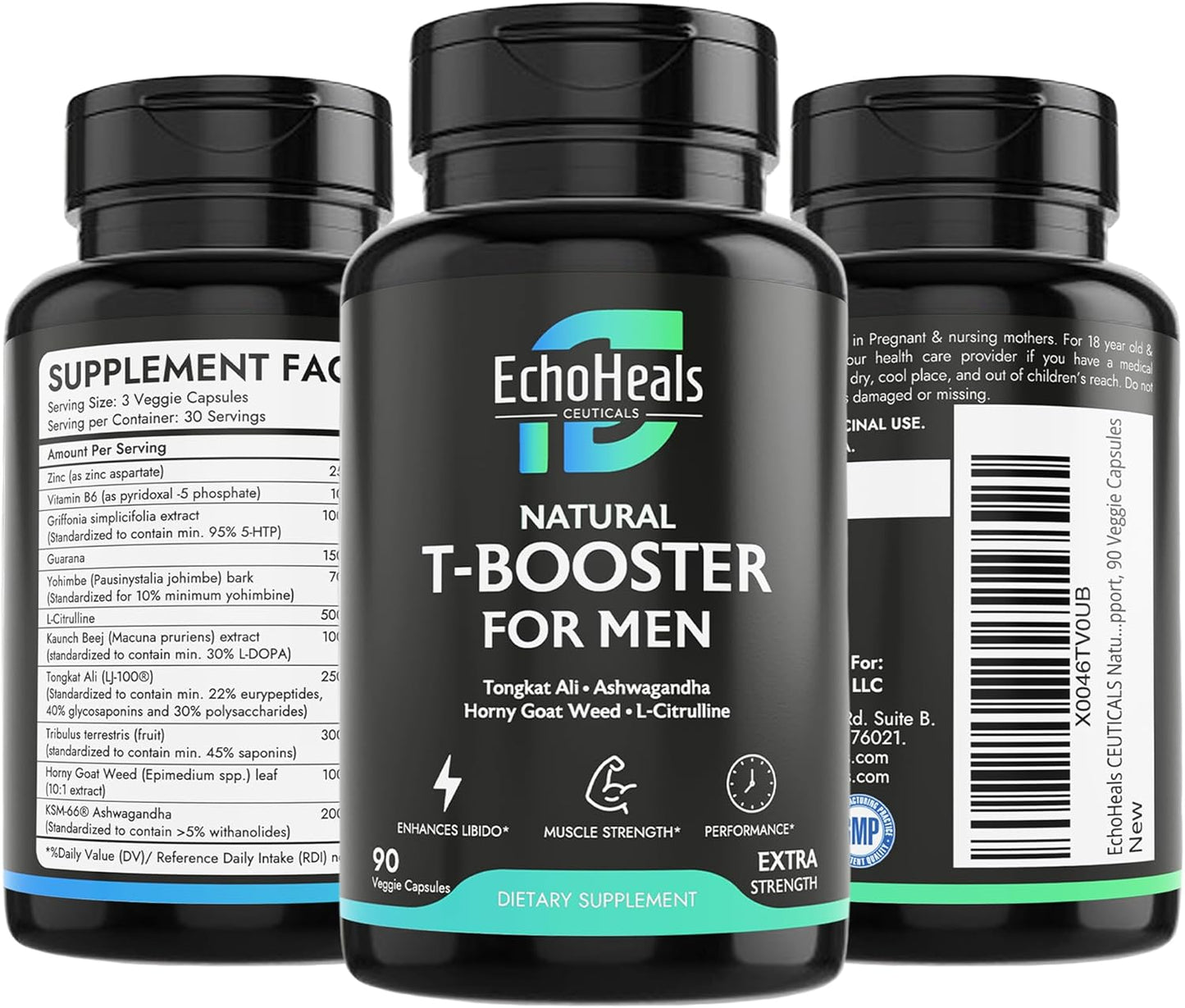 Natural T-Booster for Men - Energy & Vitality Support, 90 Veggie Capsules by EchoHeals CEUTICALS