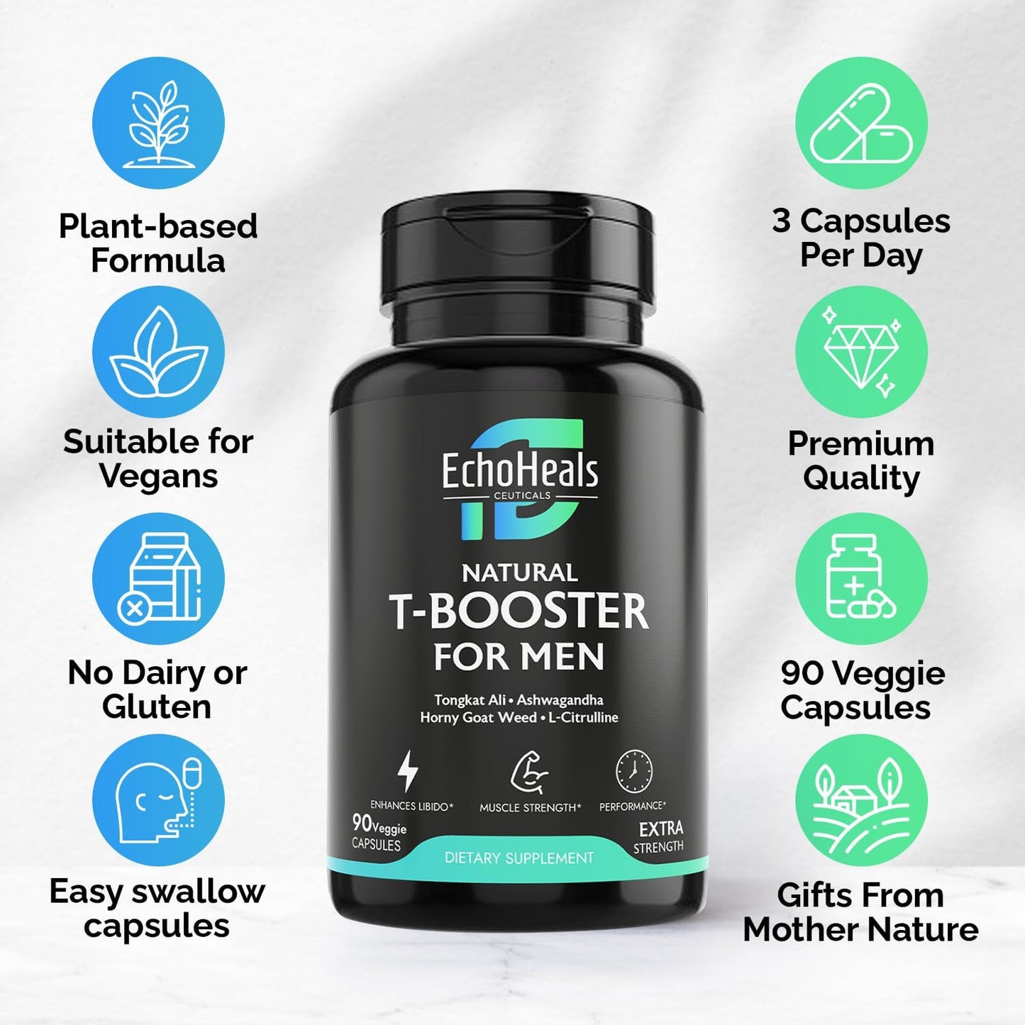 Natural T-Booster for Men - Energy & Vitality Support, 90 Veggie Capsules by EchoHeals CEUTICALS