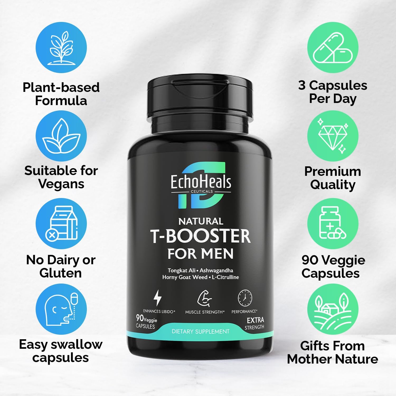 Natural T-Booster for Men - Energy & Vitality Support, 90 Veggie Capsules by EchoHeals CEUTICALS