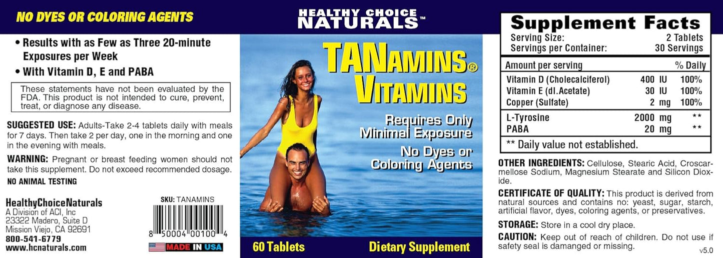 Natural Tanning Vitamins for Darker Tans - Healthy Choice Naturals Tanamins (2 Bottles, 120 Count)