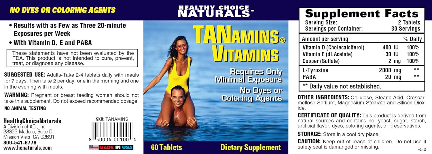 Natural Tanning Vitamins for Darker Tans - Healthy Choice Naturals Tanamins (2 Bottles, 120 Count)