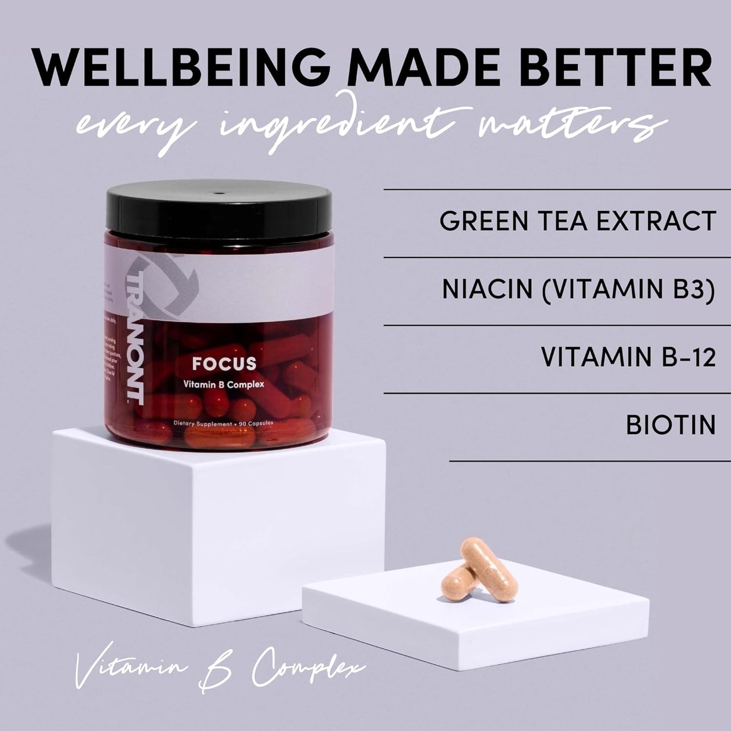 Natural Tranont Focus Vitamin B Complex Supplement with Green Tea & Lion's Mane for Mental Clarity, Energy, and Immune Health - Vegan, Gluten-Free - 90 Capsules