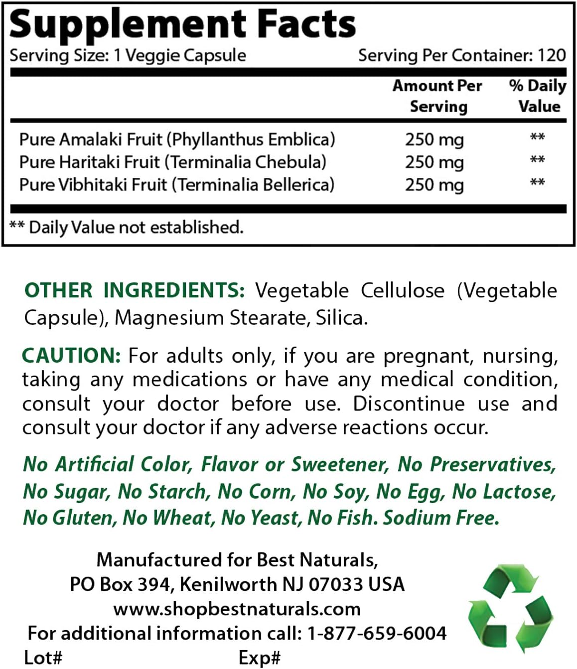 Natural Triphala 750 mg with Magnesium Chloride 520 mg - Top Quality Supplement for Digestive Health and Wellness