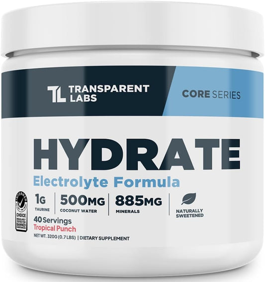 Natural Tropical Punch Flavored Electrolyte Powder with Coconut Water - Hydration Supplement with Calcium, Taurine, and Potassium - 40 Servings by Transparent Labs