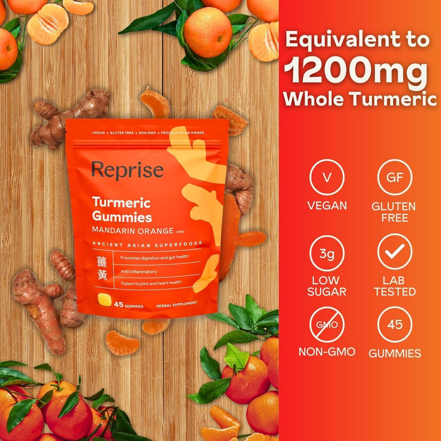 Natural Turmeric Gummies for Inflammation - Vegan Low-Sugar Supplement with Curcumin - Mandarin Orange Flavor, 45 Count (Pack of 3)