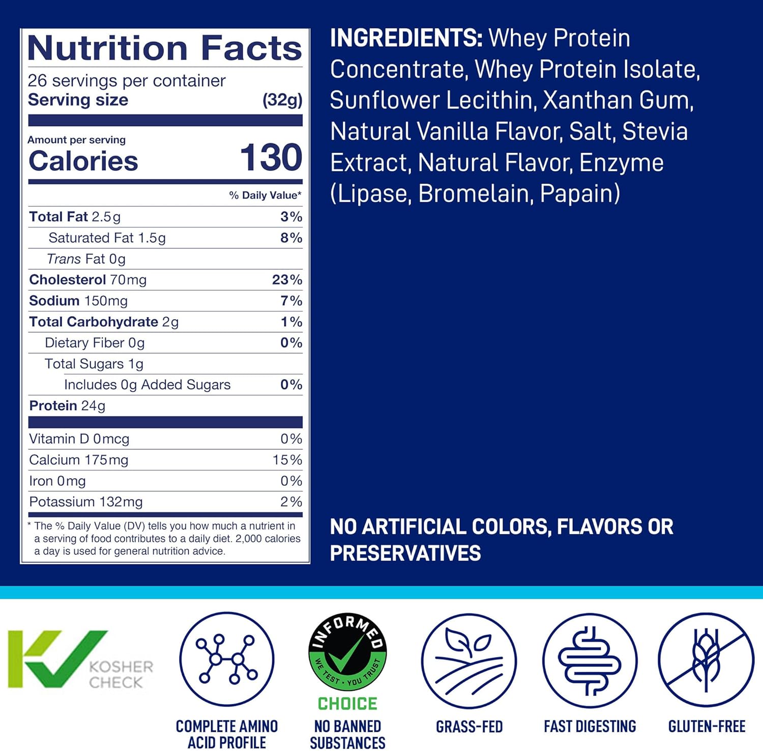 Natural Vanilla LeanFit Grass-Fed Whey Protein Powder - 24g Protein Per Serving - Gluten-Free, Low Carb, BCAAs, Amino Acids - 23 Servings, 1.83lb Tub