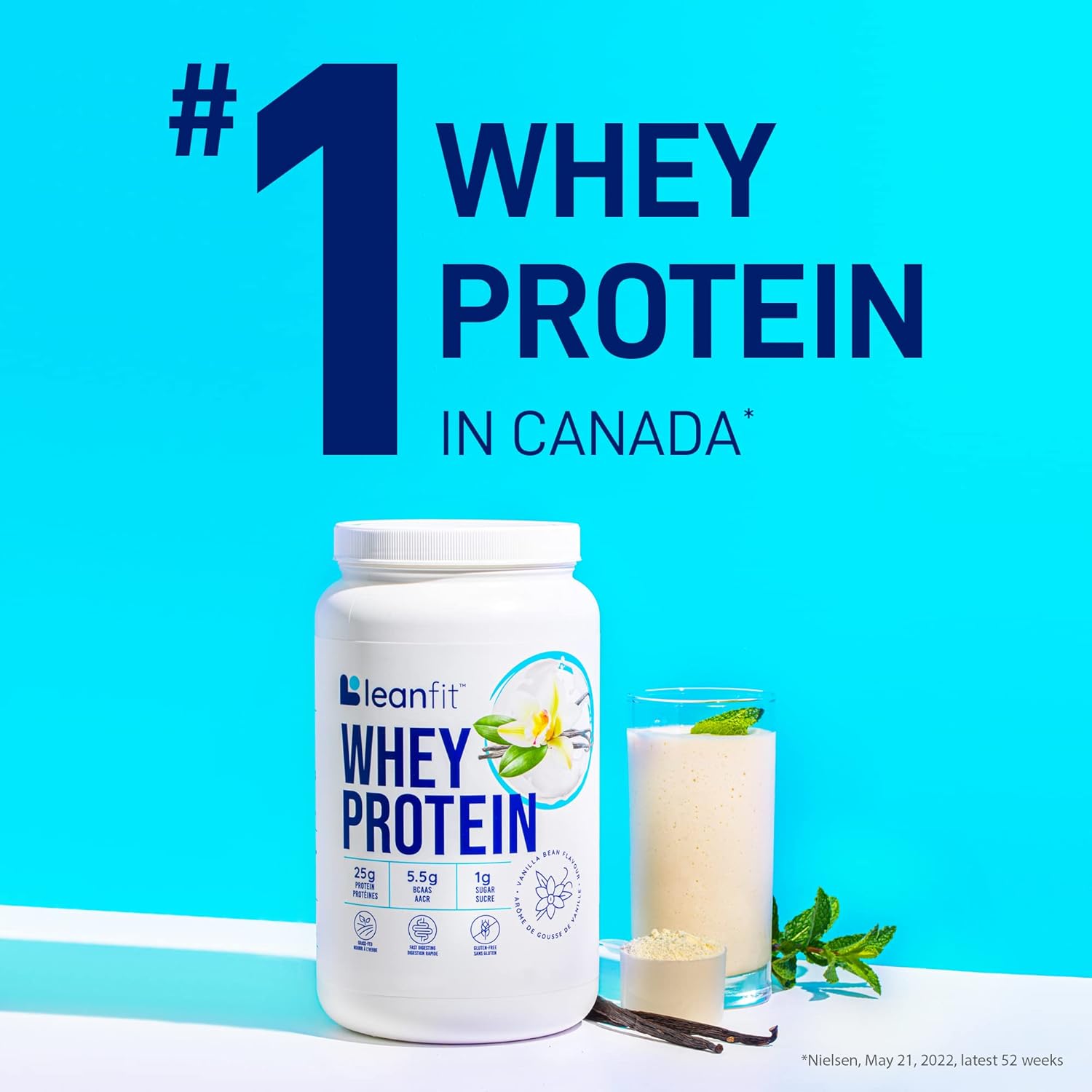 Natural Vanilla LeanFit Grass-Fed Whey Protein Powder - 24g Protein Per Serving - Gluten-Free, Low Carb, BCAAs, Amino Acids - 23 Servings, 1.83lb Tub