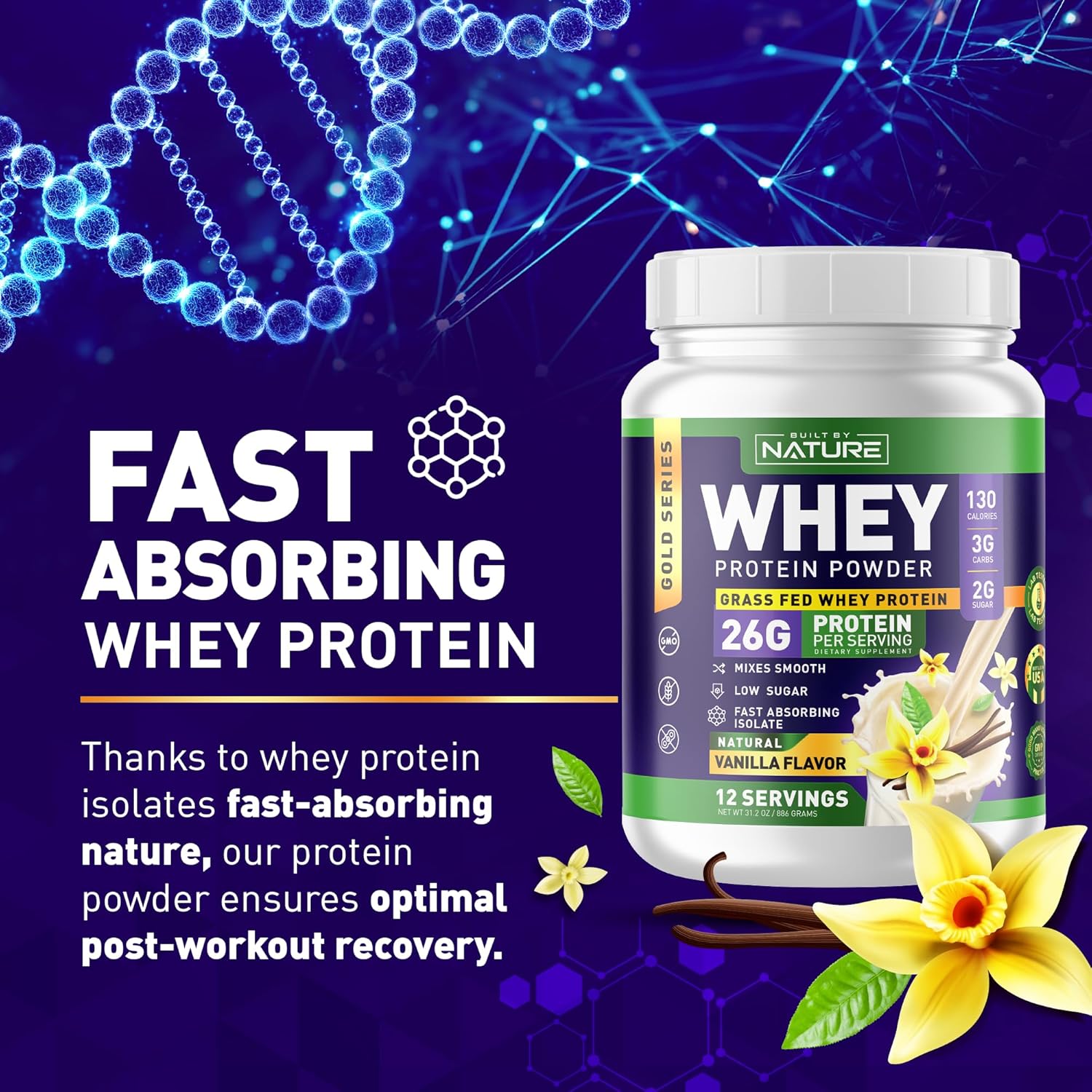 Natural Vanilla Whey Protein Powder - 100% Pure Whey Isolate, 26g Protein, Smooth Mixing, No Clumps - High Protein, Low Sugar Shake (12 Servings)