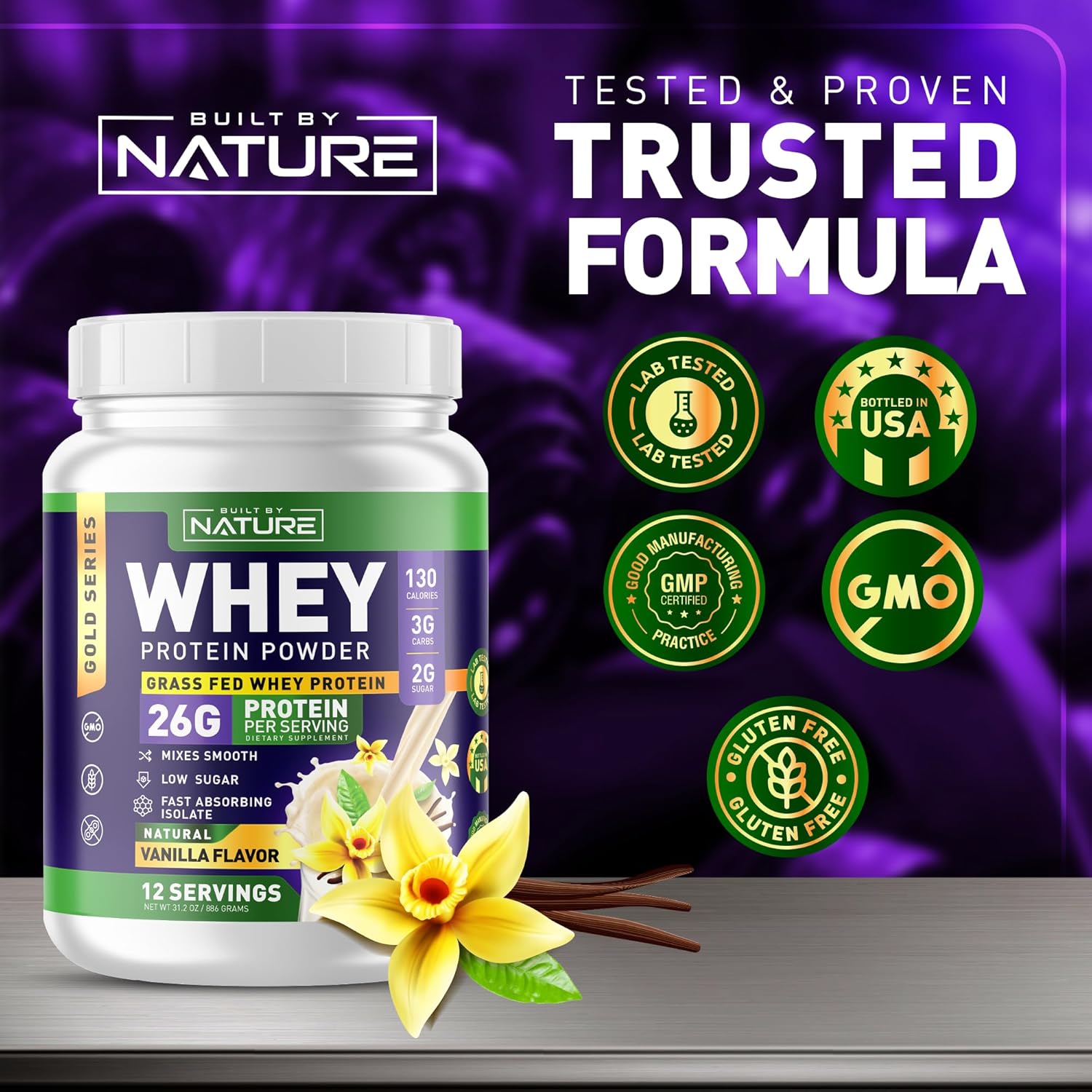 Natural Vanilla Whey Protein Powder - 100% Pure Whey Isolate, 26g Protein, Smooth Mixing, No Clumps - High Protein, Low Sugar Shake (12 Servings)