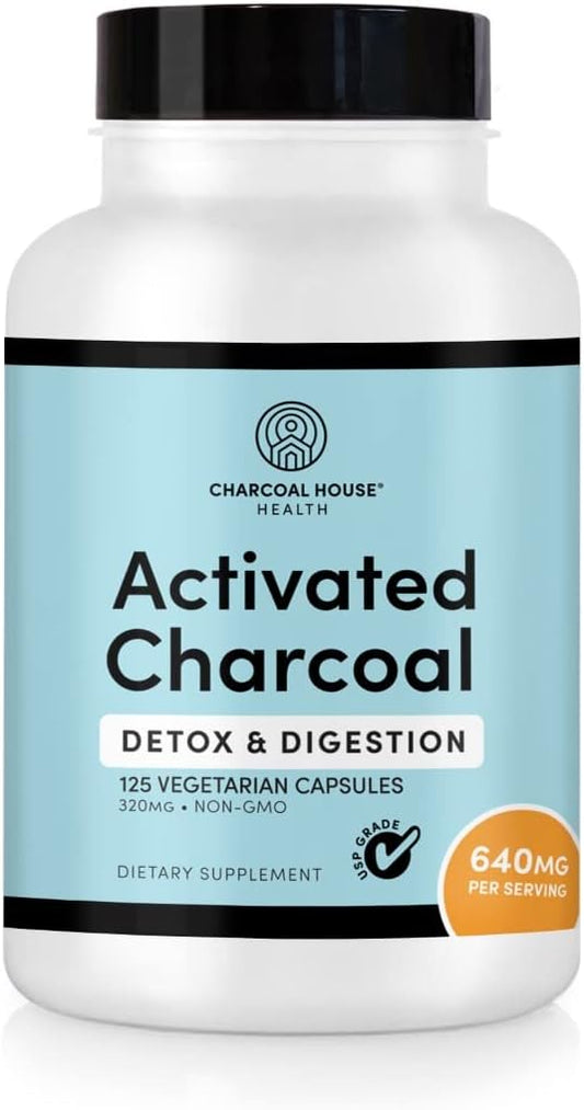 Natural Vegan Activated Charcoal Capsules for Adults - Stomach Cleanse & Healthy Digestion - 125 ct.