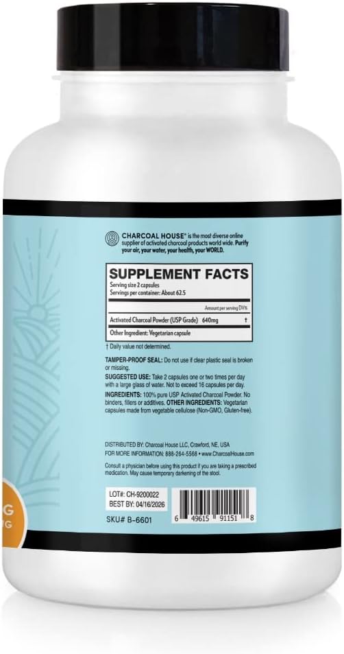 Natural Vegan Activated Charcoal Capsules for Adults - Stomach Cleanse & Healthy Digestion - 125 ct.