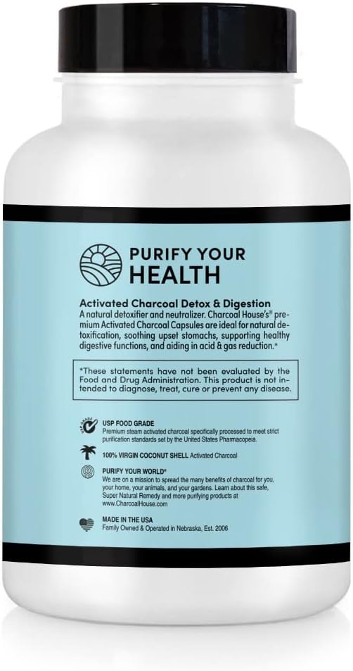 Natural Vegan Activated Charcoal Capsules for Adults - Stomach Cleanse & Healthy Digestion - 125 ct.