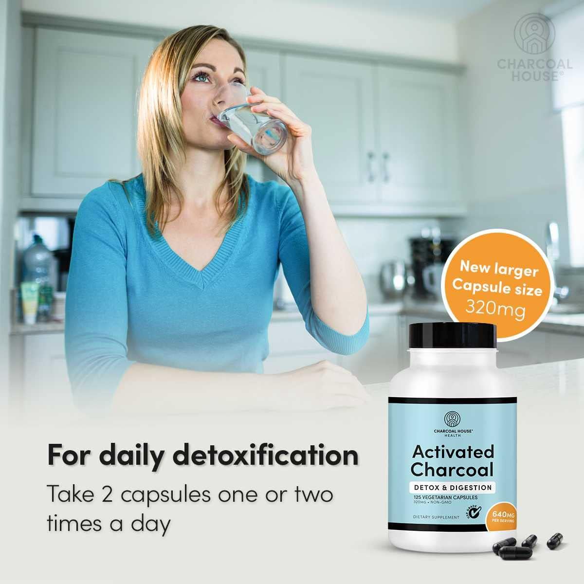 Natural Vegan Activated Charcoal Capsules for Adults - Stomach Cleanse & Healthy Digestion - 125 ct.