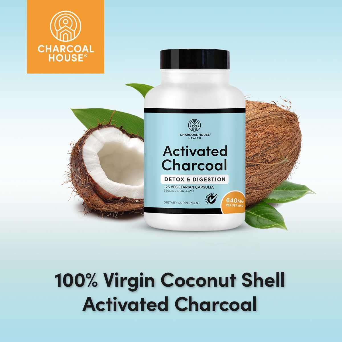 Natural Vegan Activated Charcoal Capsules for Adults - Stomach Cleanse & Healthy Digestion - 125 ct.