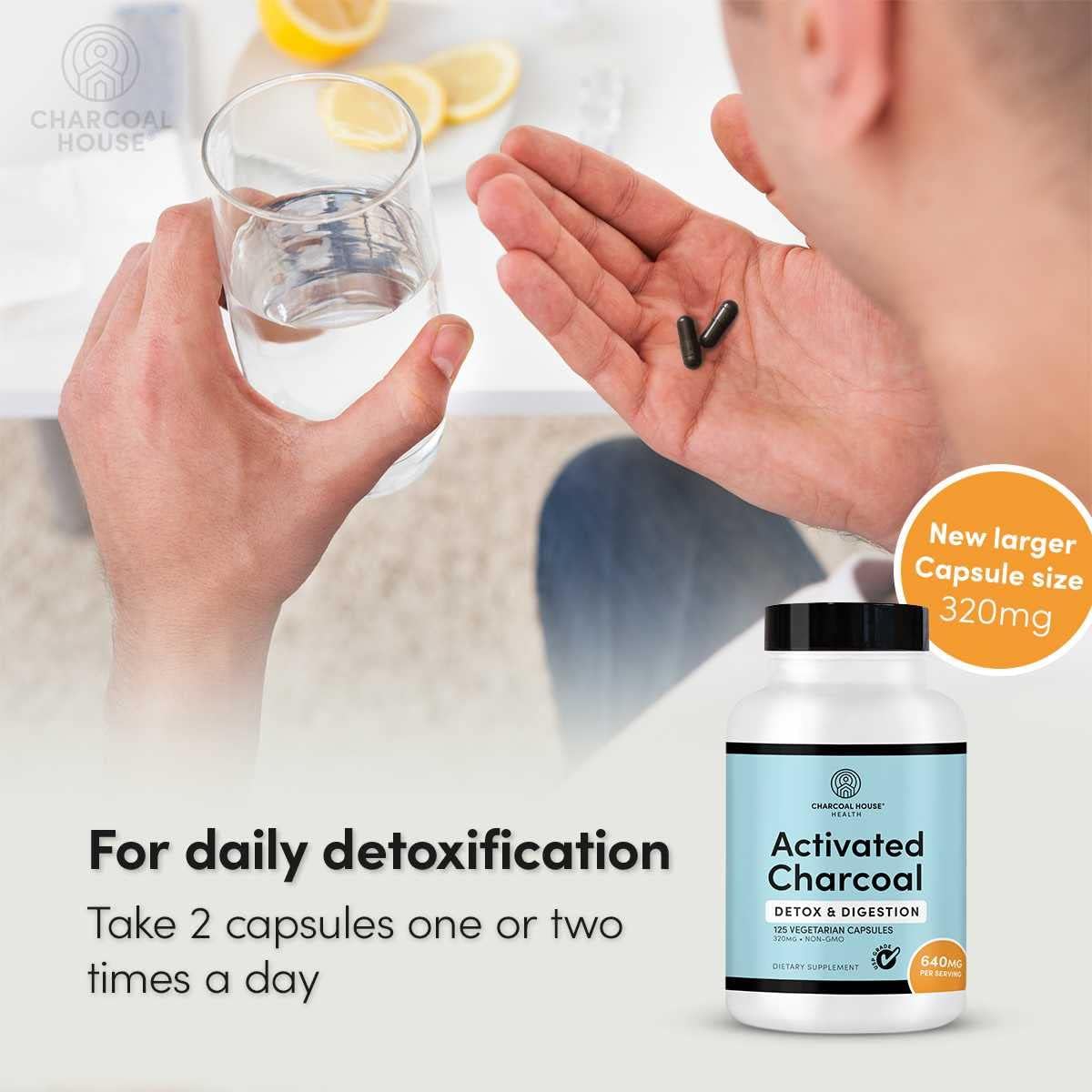 Natural Vegan Activated Charcoal Capsules for Adults - Stomach Cleanse & Healthy Digestion - 125 ct.
