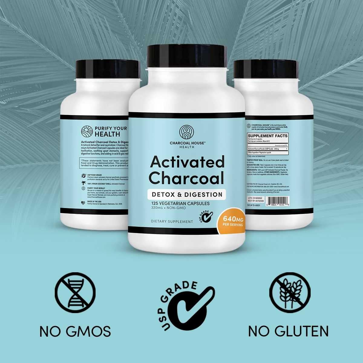 Natural Vegan Activated Charcoal Capsules for Adults - Stomach Cleanse & Healthy Digestion - 125 ct.