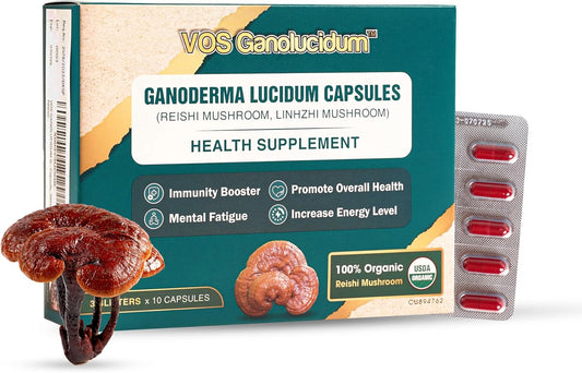Natural Vegan Red Reishi Mushroom Capsules for Immunity Support - Ganoderma lucidum Extract, 70mg, 30ct