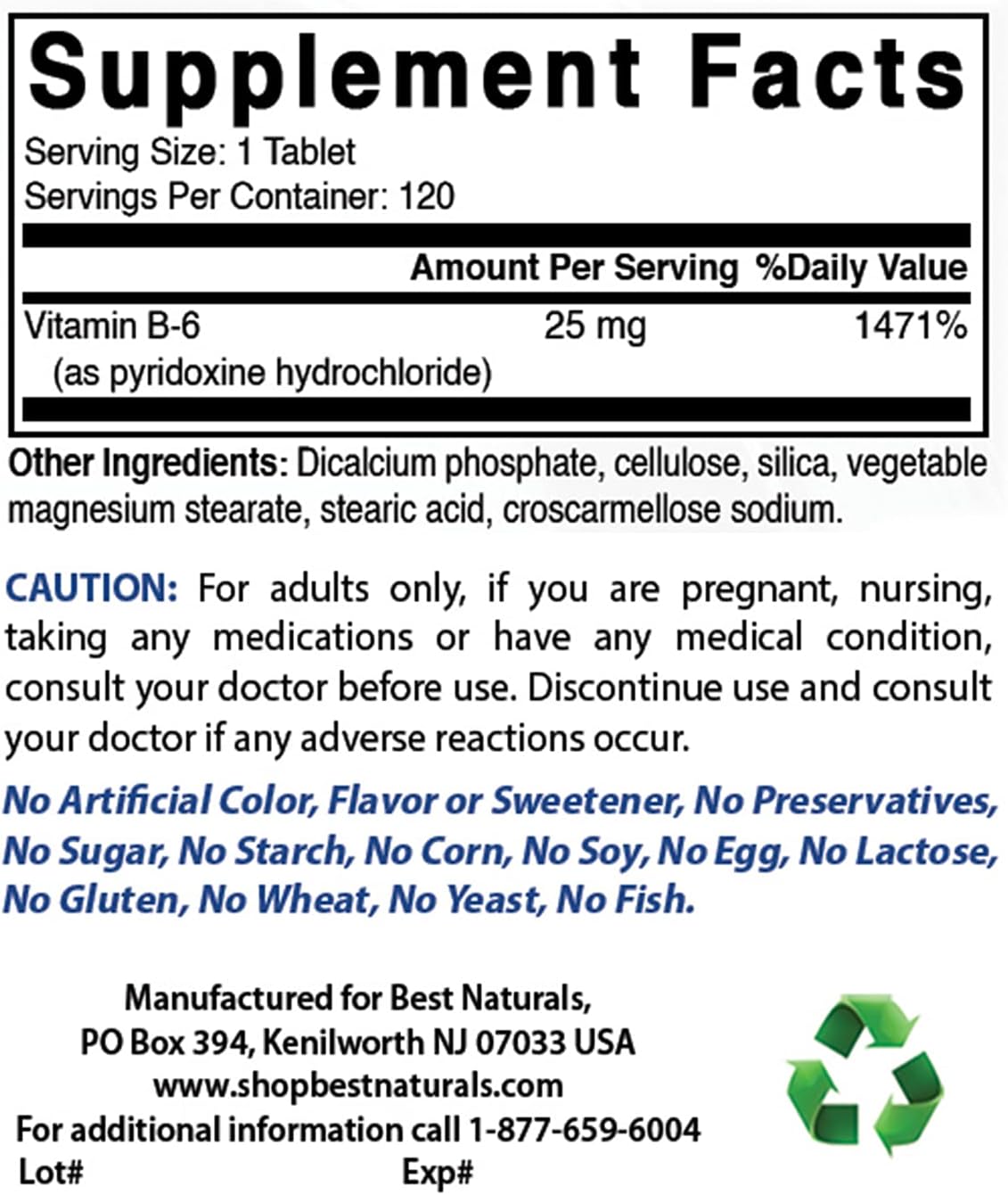 Natural Vitamin B6 25mg Supplement - 240 Tablets for Energy & Metabolism Support