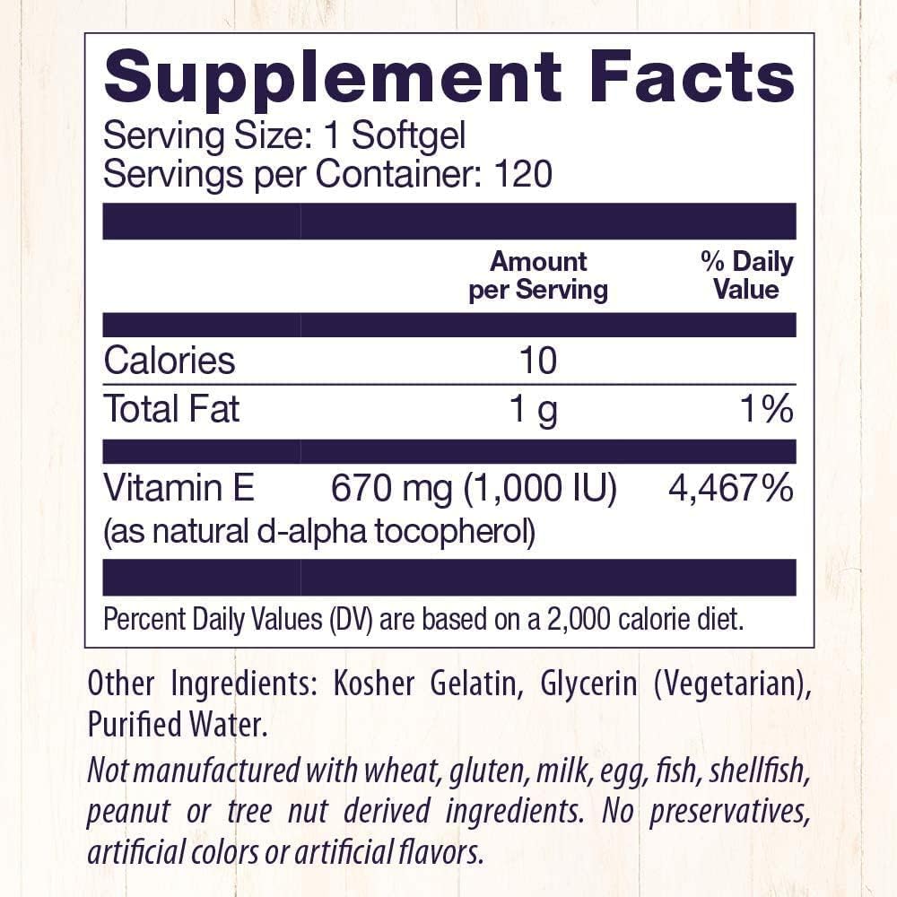 Natural Vitamin E Supplement with Mixed Tocopherols - 1,000 IU - Gluten-Free & Non-GMO - Supports Skin, Hair, and Nails - 120 Softgels