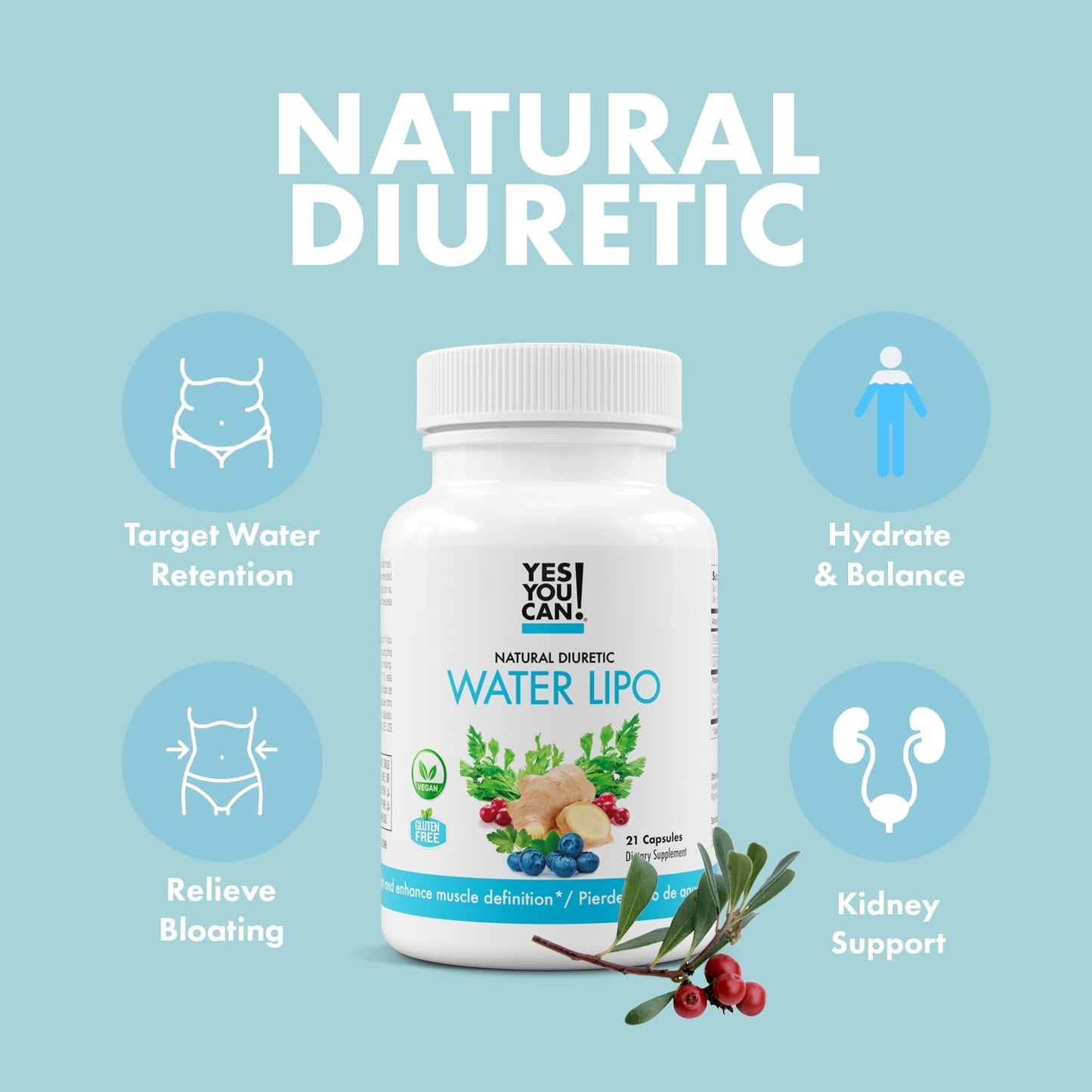 Natural Water Lipo Pills with Electrolytes & Vitamins - Diuretic Cleanse for Water Retention - Gluten-Free, 42 Capsules