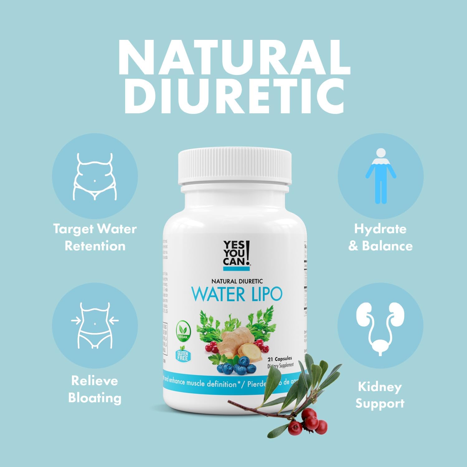 Natural Water Lipo Pills with Electrolytes & Vitamins - Diuretic Cleanse for Water Retention - Gluten-Free, 42 Capsules
