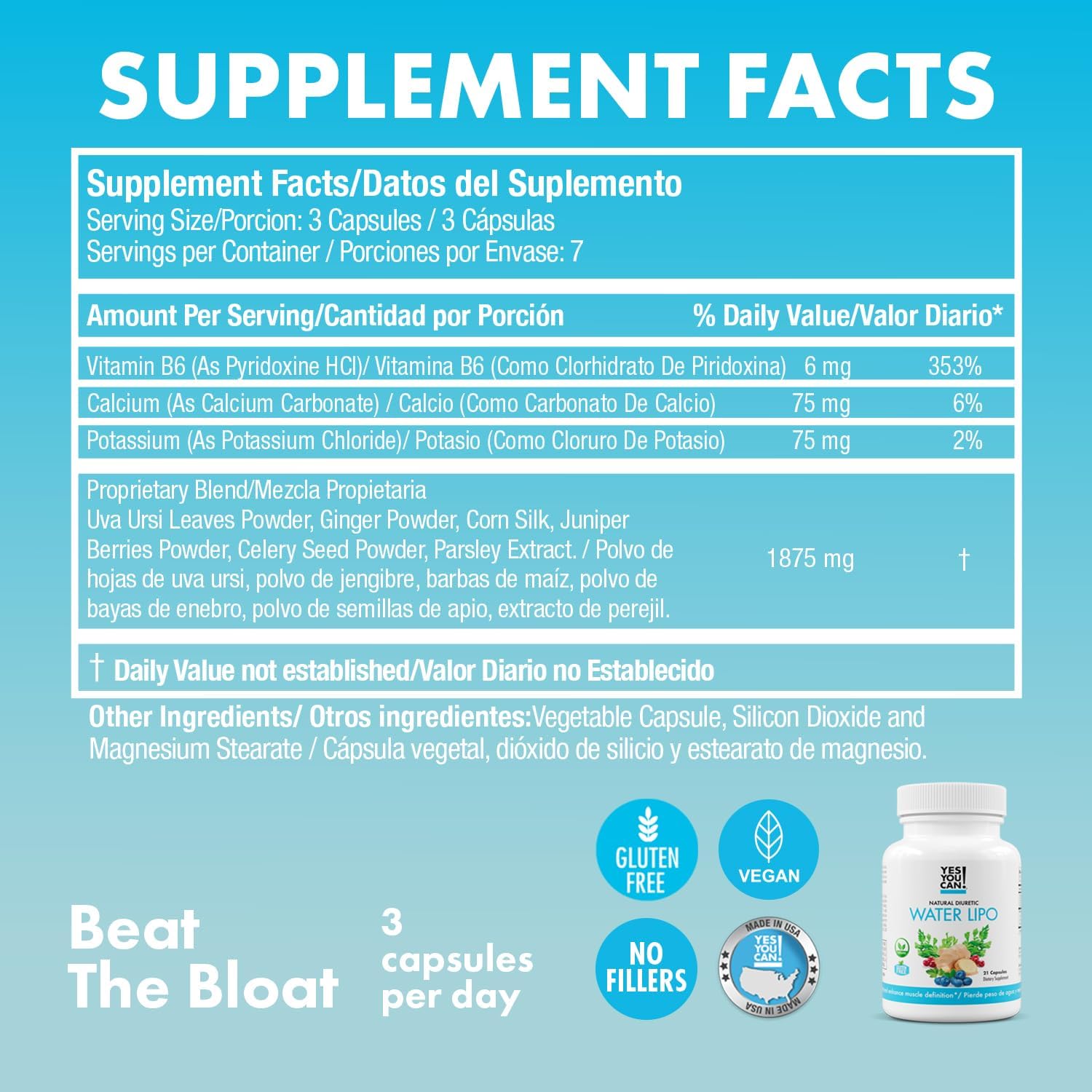Natural Water Lipo Pills with Electrolytes & Vitamins - Diuretic Cleanse for Water Retention - Gluten-Free, 42 Capsules