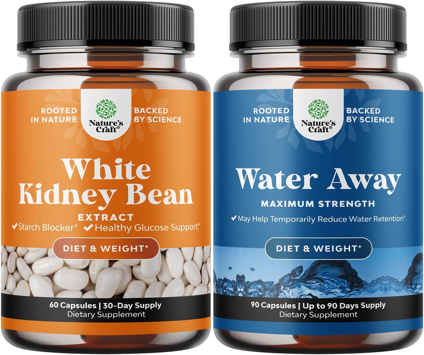 Natural White Kidney Bean Extract Bundle - Digestive Health & Workout Supplement, Water Away Pills for Bloating Relief, High Fiber Formula