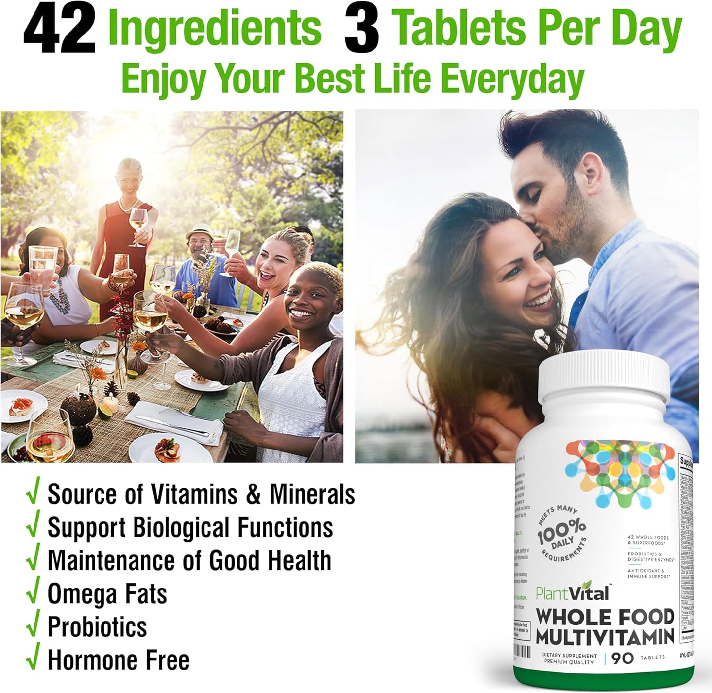 Natural Whole Food Multivitamin - 42 Superfoods, Raw Veggies & Fruits, Energy Boost - 180 Tablets