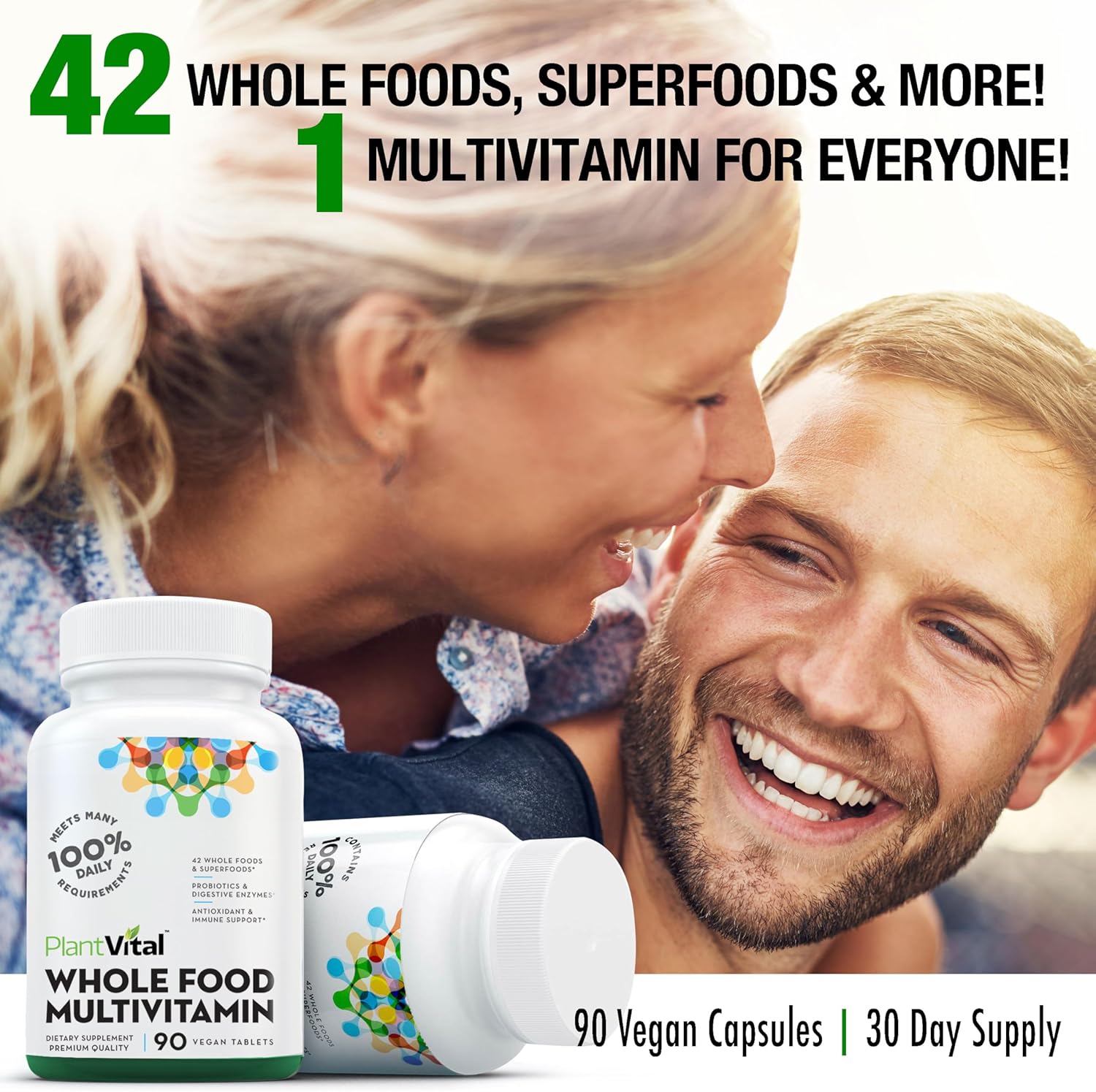 Natural Whole Food Multivitamin - 42 Superfoods, Raw Veggies & Fruits, Energy Boost - 180 Tablets