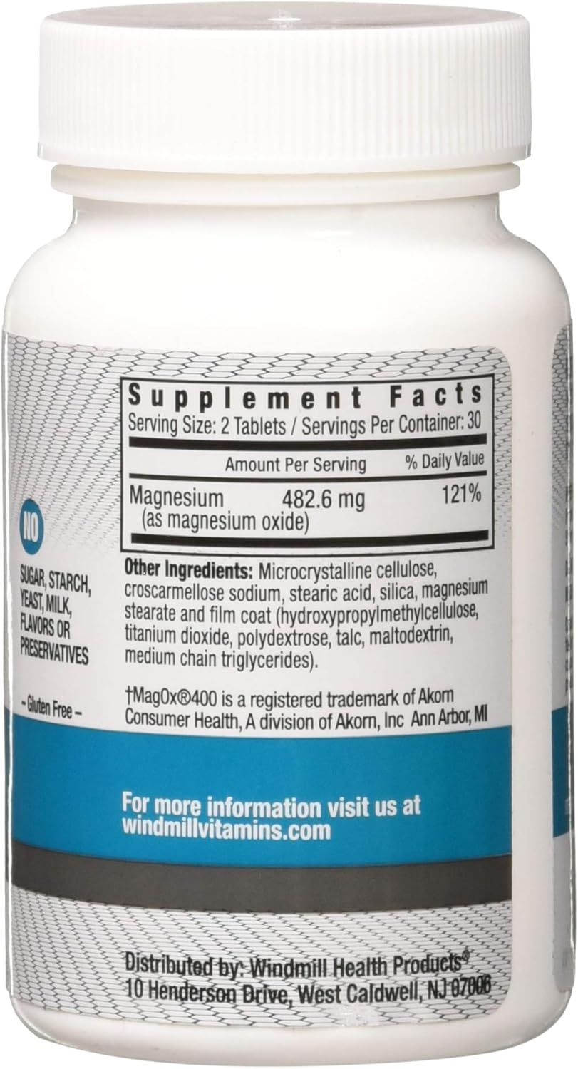 Natural Windmill Magnesium Oxide 400 mg Vitamins - Immune & Heart Support - Muscle Recovery - 60 Count