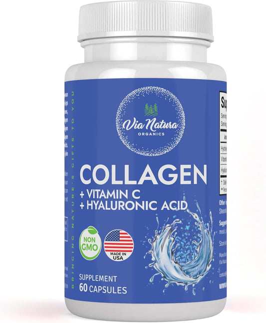 Natural Women's Collagen with Vitamin C, Hyaluronic Acid, and Peptides - Type I, II, III - 60 Capsules