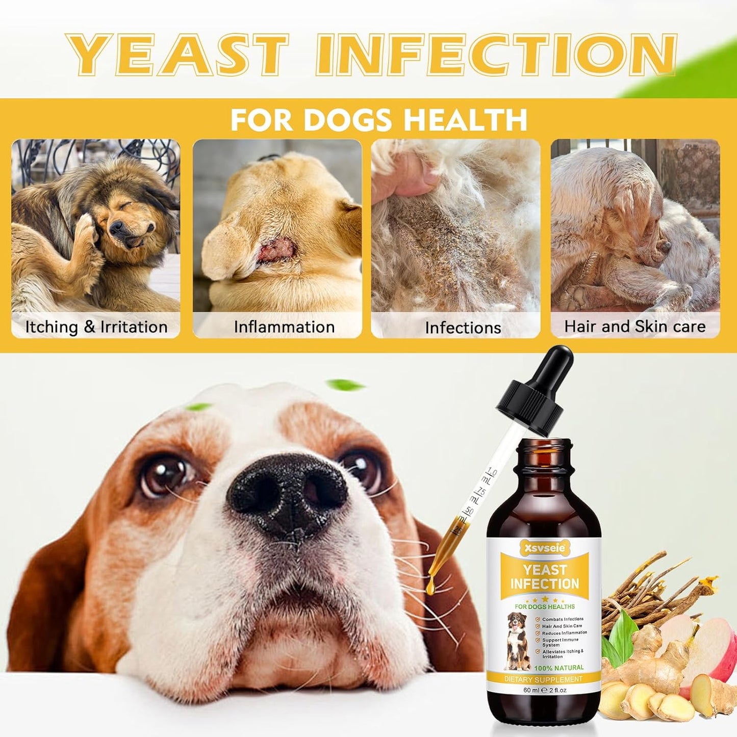 Natural Yeast Infection Treatment Drops for Dogs - Herbal Supplement Soothes Irritation & Itching across All Breeds & Sizes