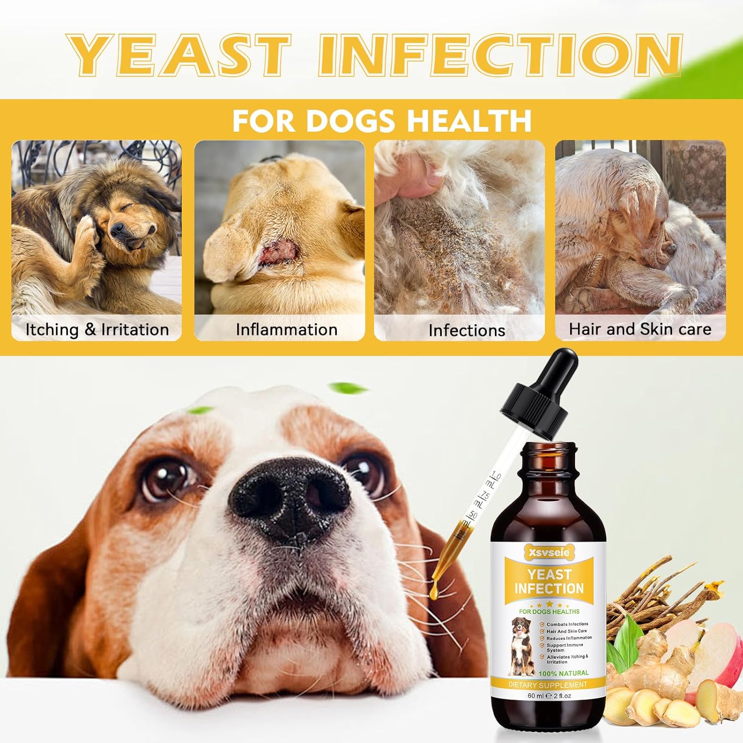 Natural Yeast Infection Treatment Drops for Dogs - Herbal Supplement Soothes Irritation & Itching across All Breeds & Sizes