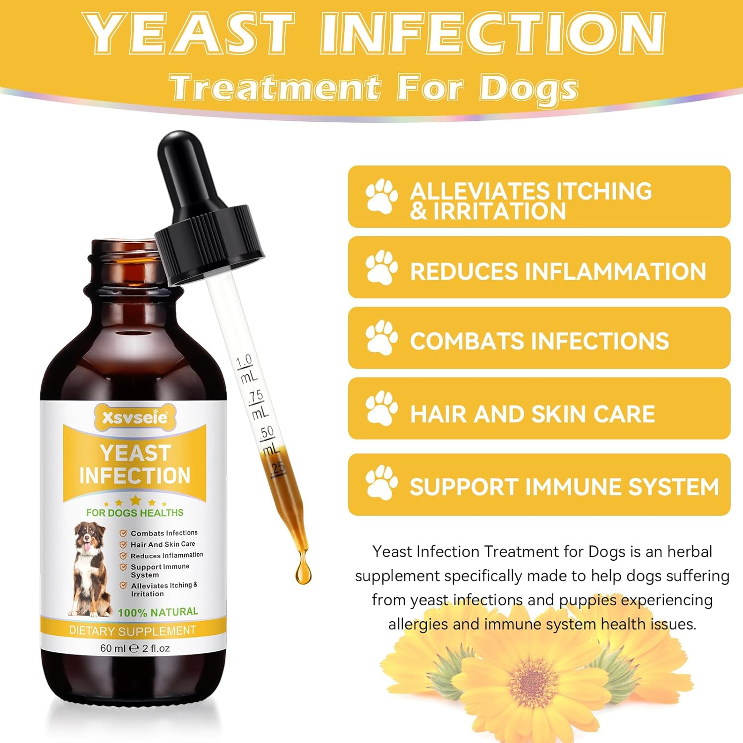 Natural Yeast Infection Treatment Drops for Dogs - Herbal Supplement Soothes Irritation & Itching across All Breeds & Sizes